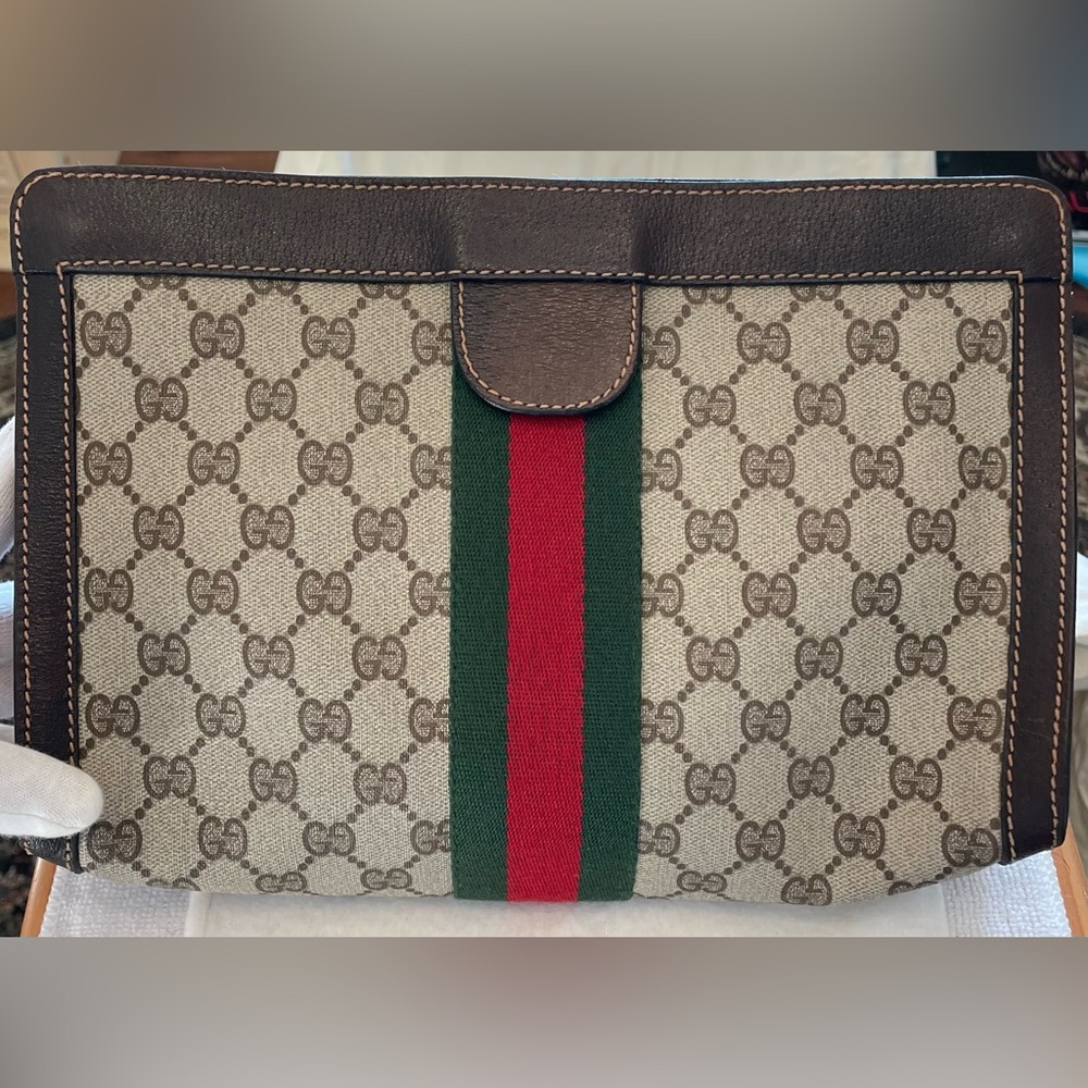 Gucci Beautiful Authentic Vintage Tan Monogram Clutch/Makeup Bag fr Gucci Parfum - Picture 3 of 15